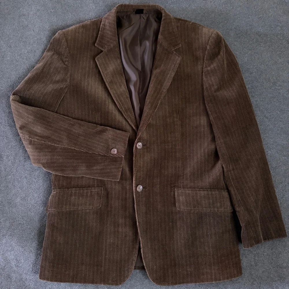 Vintage Corduroy Blazer Mens Large Brown Herringbone Wide Wale Two Button Jacket